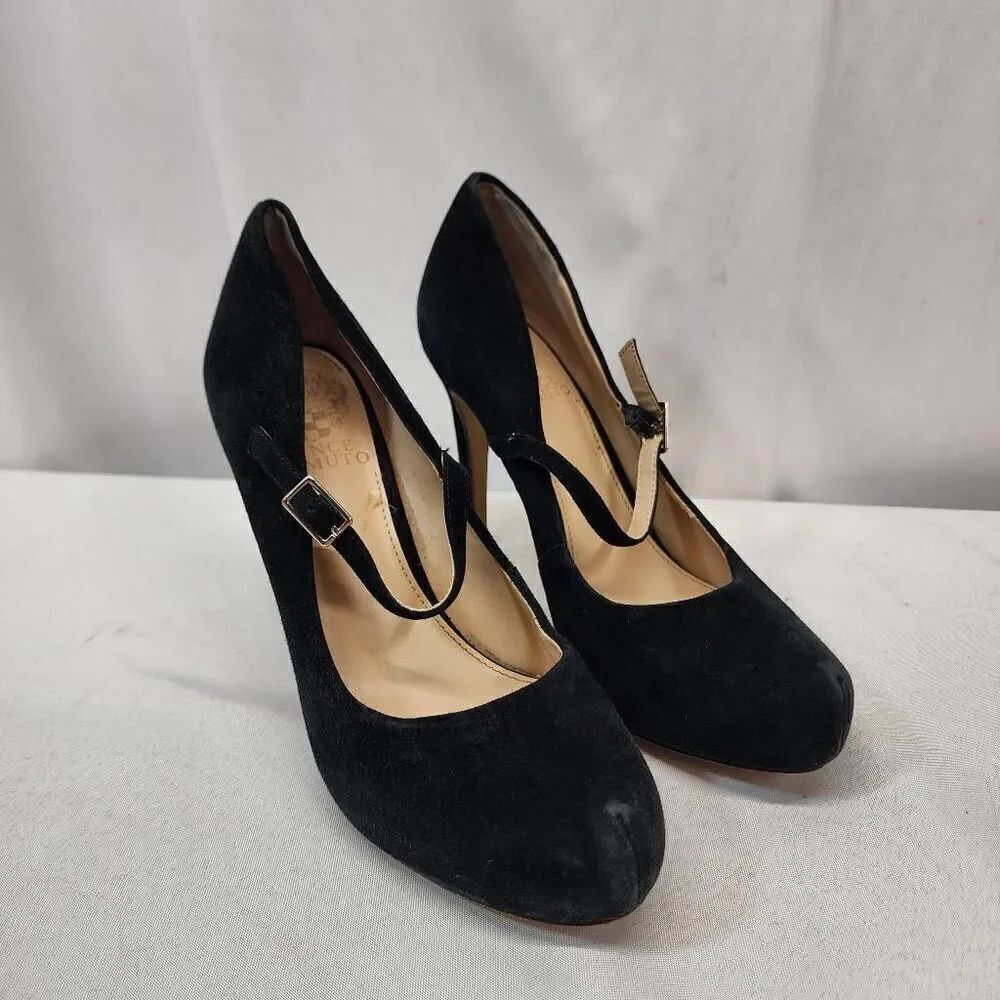 Vince Camuto Womens Beverly Mary Jane Pump Size 6.5 Black Suede Heel Dress Shoe